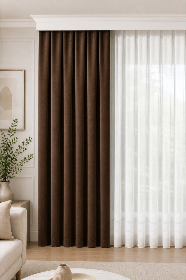 1/3 Frequent Pleated Background Curtain Brown 80X250 cm (260/270 cm) Single Wing Soft Fabric Modern Decorative Living Room Curtain