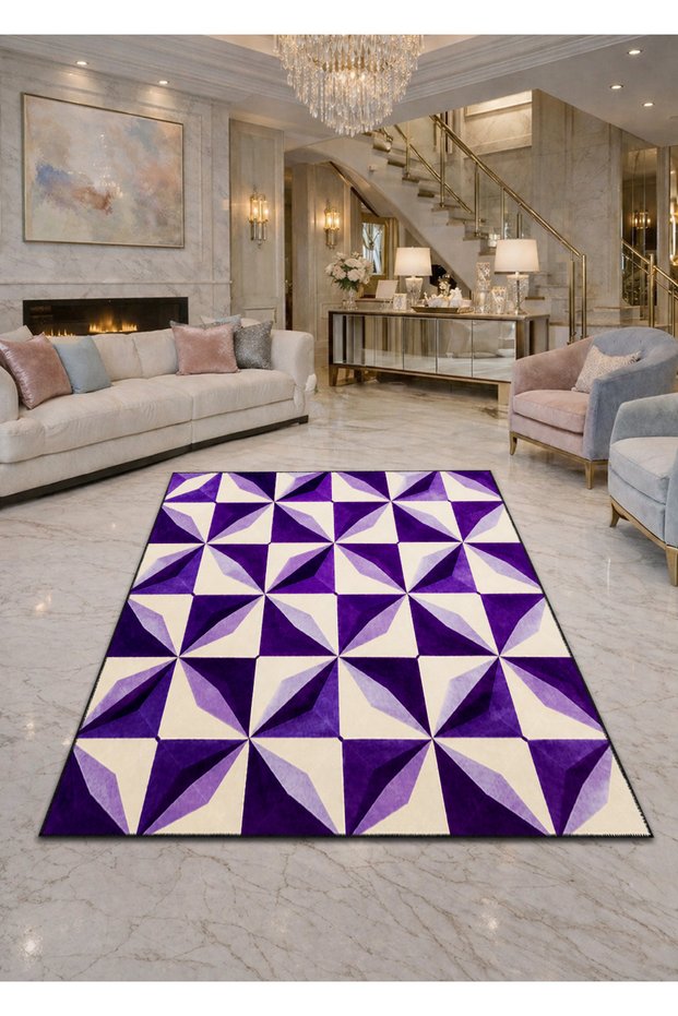 Sdt Purple Checkered Patterned Modern Woven Base Decorative Carpet Sdt940