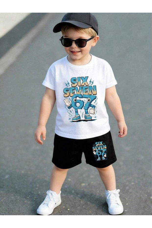 Six Seven 67 Printed Children's T-Shirt Shorts Bottom-Top Combination Set