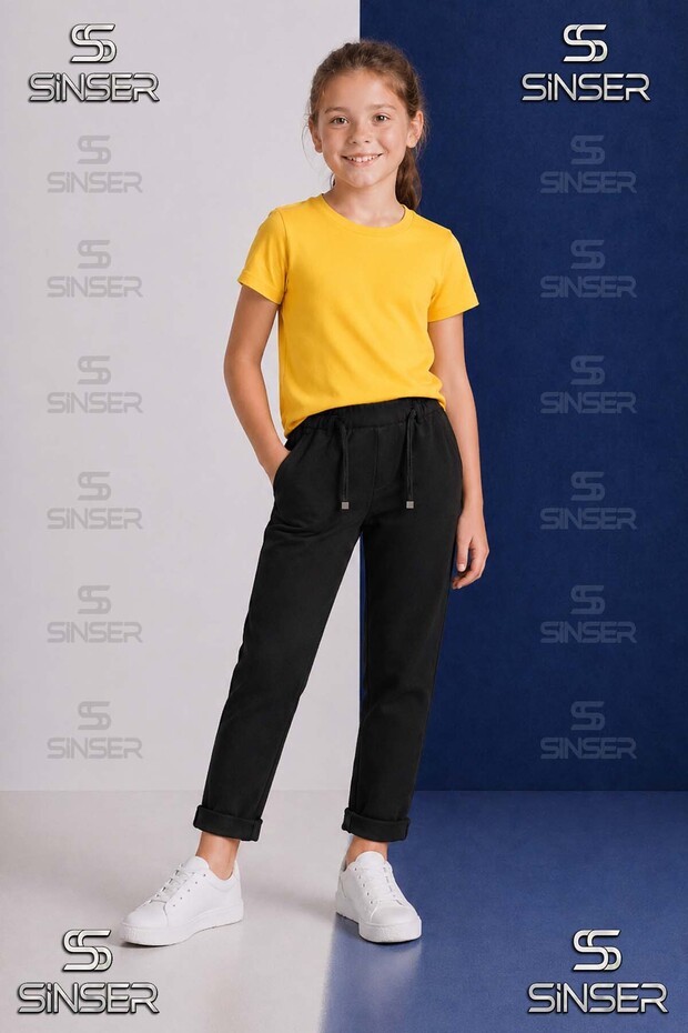 Girls' Plain Trousers with Elastic Waist, Lycra, Folded Cuffs Style 4.Mdl