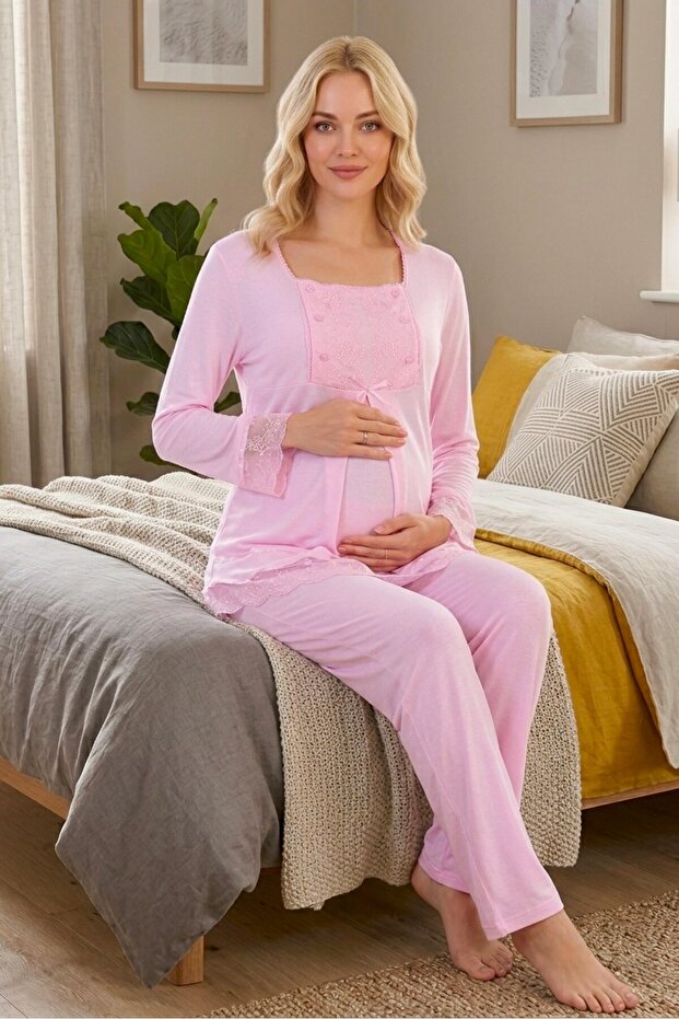 New Season Women's Pink Lace Buttoned Special Design 100% Cotton Maternity Pajama Set