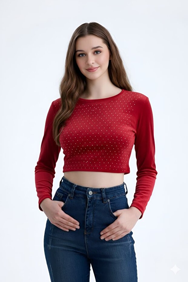 Stone Detailed Long Sleeve Velvet Crop Blouse