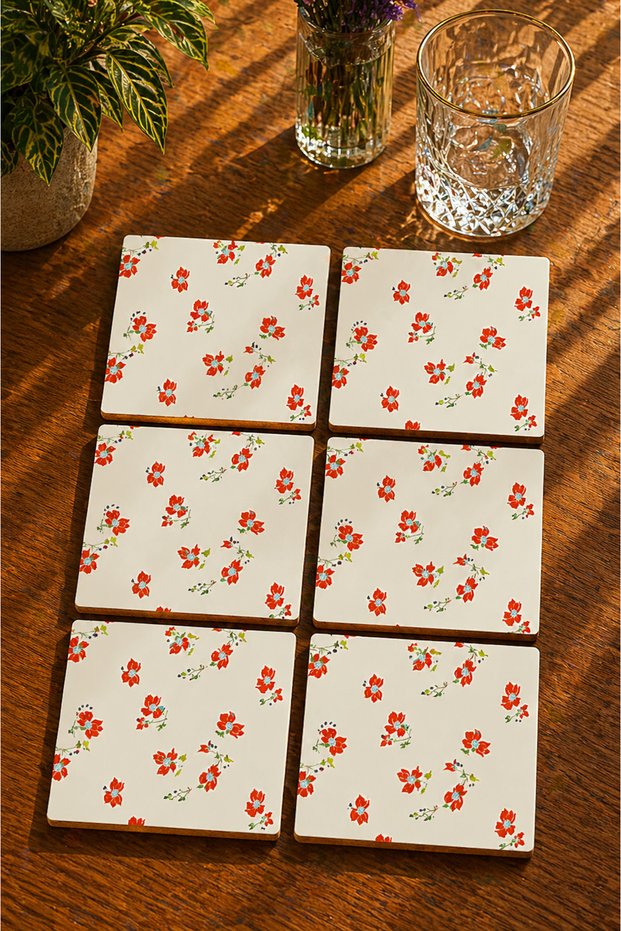 Abstract Floral Themed Set of 6 Coasters - Uv Printed Mdf - 10X10 cm