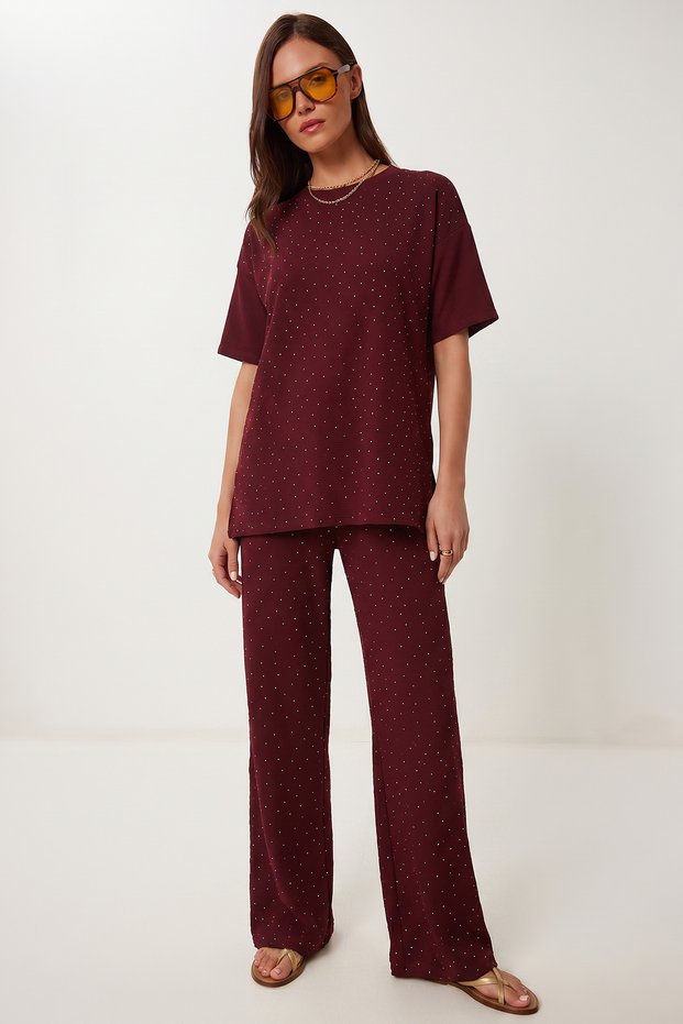 Stone Detailed Knitted Top and Bottom Set Lzv0068 Bordo
