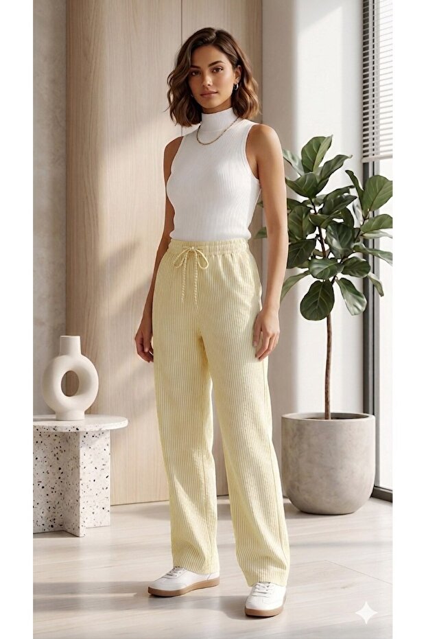 Women's Relaxed Fit Thin Striped Elastic Waist Cotton Pants