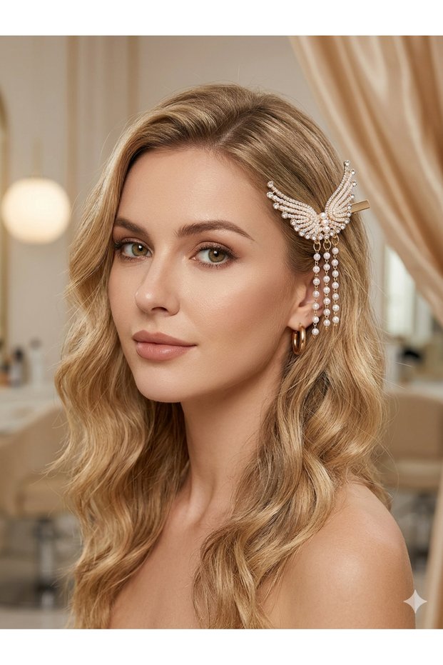 Angel Wing Model Zircon Stone Pearl and Dangling Pearl Detailed Gold Color 6 cm Clasp Buckle