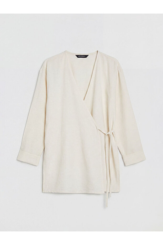 Beige Double-Breasted Collar Linen Blend Women's Kimono