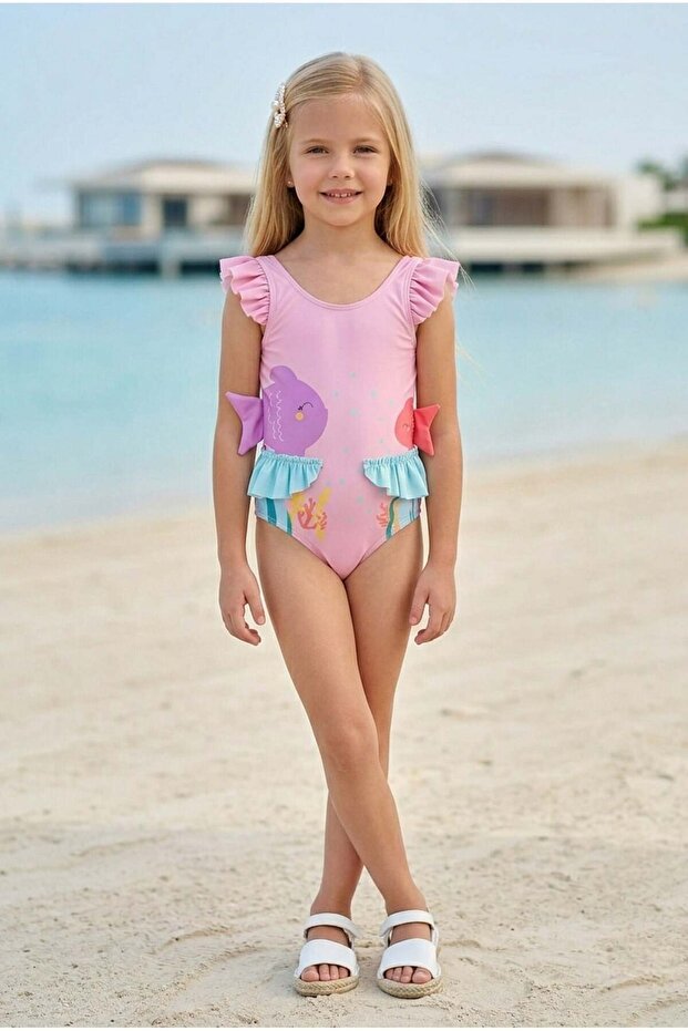 Girls' Pink Fish Print Ruffle Swimsuit - Quick-Drying Stretch Fabric