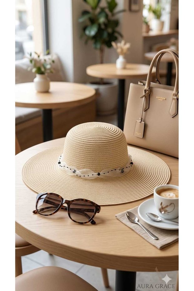 Handcrafted Stylish Tulle Black Beaded Stone Detailed Large Brim - Wide Brim Beach Natural Straw Hat Trend Boater Internal Adjustable Drawstring Cream