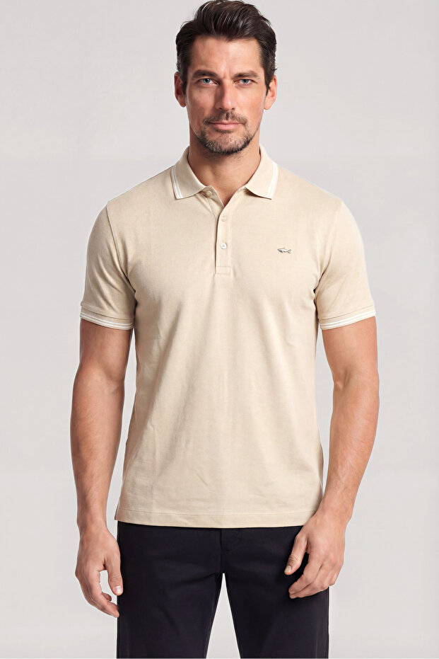 Men's Button Closure Short Sleeve 100% Cotton Beige Polo Collar T-Shirt