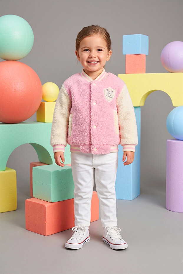 100% Welsoft Plush Girls' Pink College Jacket 1-5 Years