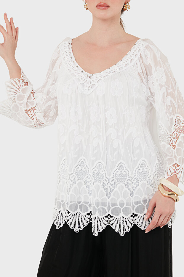 Lace Paneled and Stone Detailed V-Neck Blouse Bluz 6901107