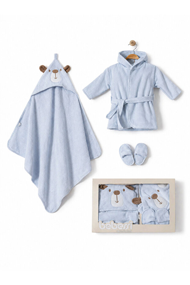Hooded Embroidered Baby Bathrobe Set of 3 (Bathrobe + Towel + Slippers)