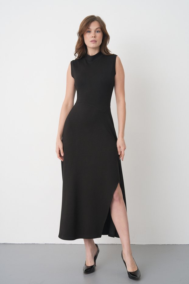 Women's Black Oysho Fabric Stand Collar Slit Design Sleeveless Midi Evening Dress 77161