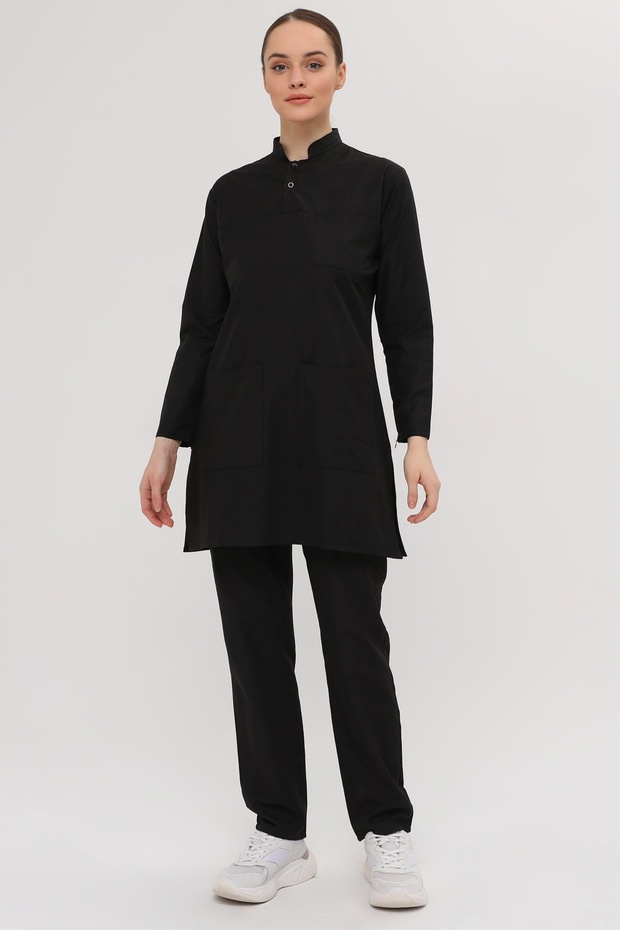 Nova Hakim Yaka Tesettür Black Lycra-Free Thin Fabric Nurse Doctor Uniform Set