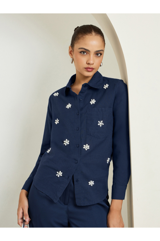 Navy Blue Embellished Cotton Shirt