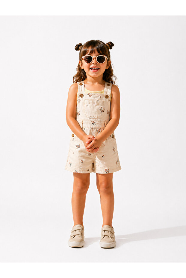 Girl's Floral Patterned Denim Salopet with Shorts