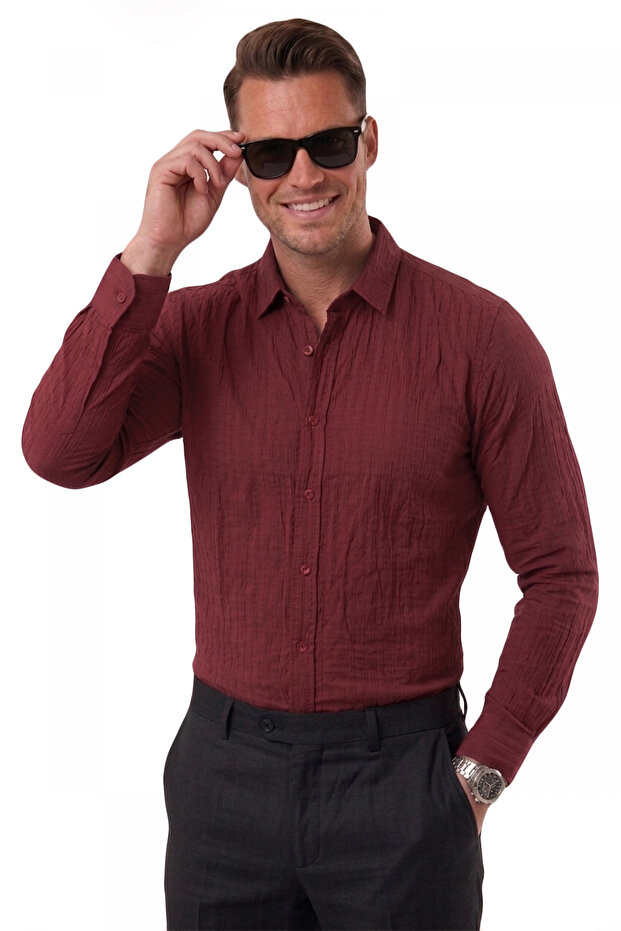 Burgundy Line Textured Wrinkle-Resistant Comfortable Fit Men's Shirt 2602607