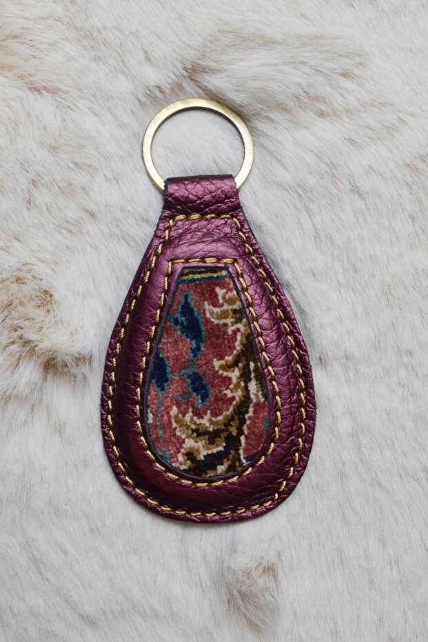Handmade Burgundy Color Keychain from Antique Silk Carpet