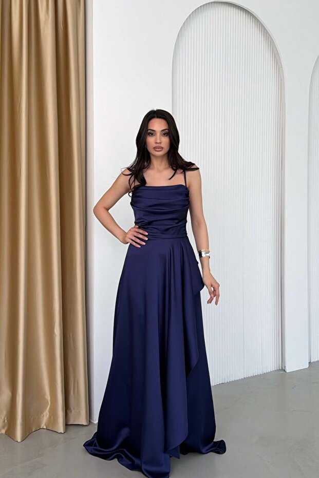 Navy Blue Thin Strap Flounce Slit Satin Evening Dress