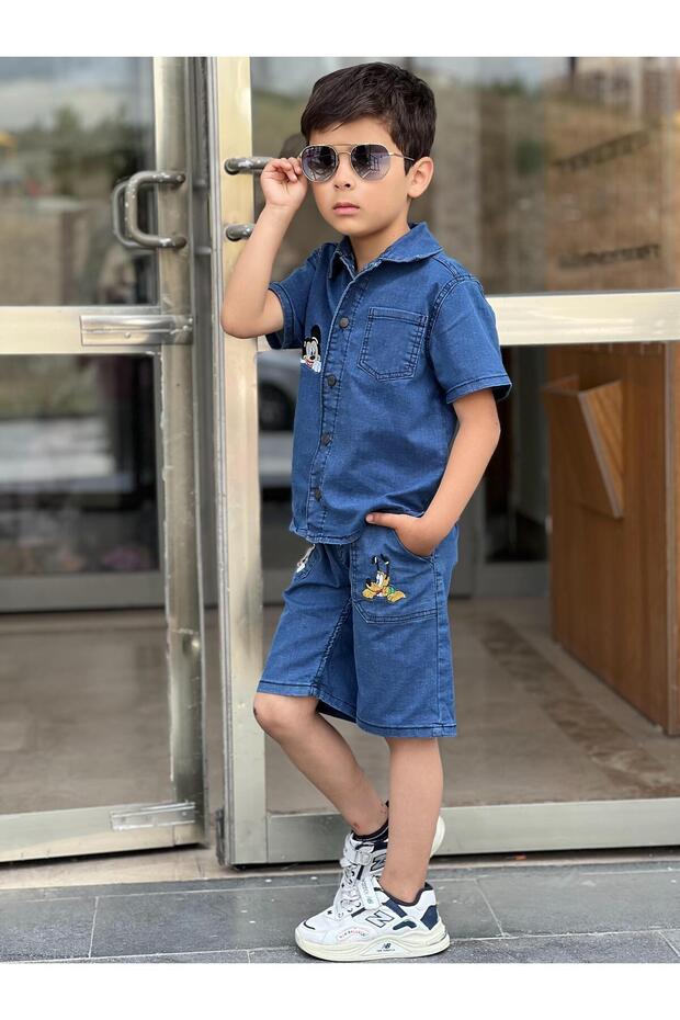 Boys' Denim Embroidered Detail Summer Two-Piece Set (SHORTS SHIRT)