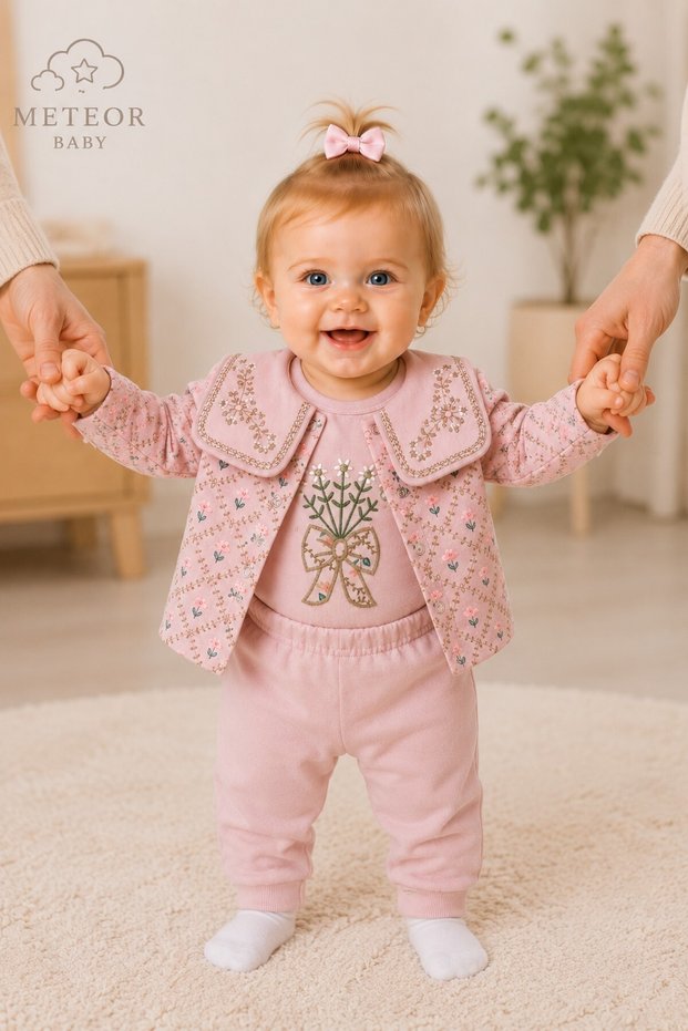 Baby Girl 3-Piece Set with Embroidery Detail, Top and Bottom, Seasonal Set