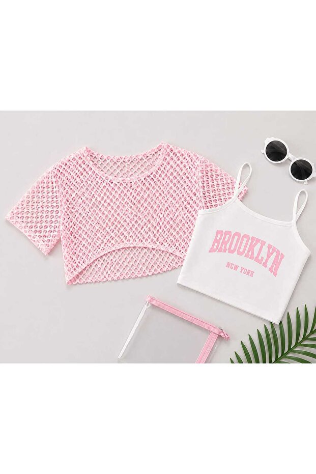 Crop Printed Body T-Shirt with Mesh Detail on Top