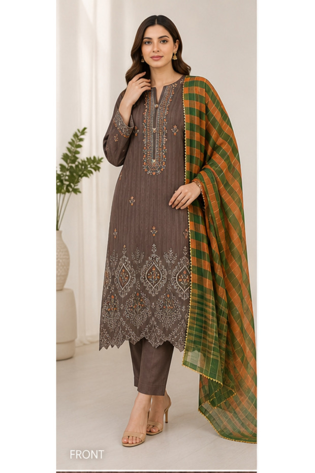Mocha Meadow Embroidered 3 Piece Suit
