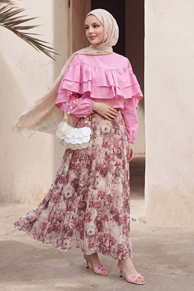 Pink Blouse with Ruffles on the Sleeves and Front