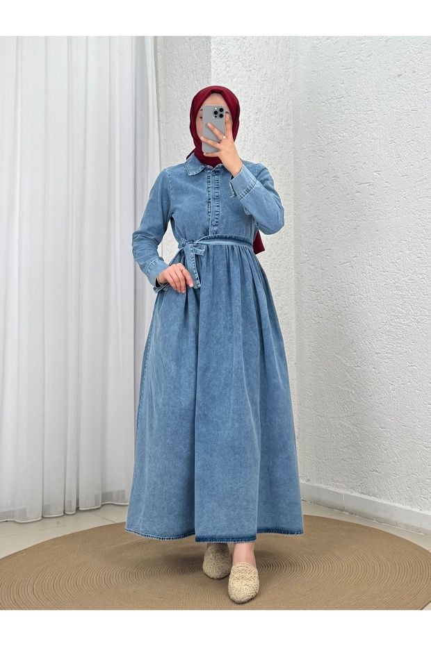 Berfu Half-Pleated Waist Gathered Denim Dress-Ml2605 Blue