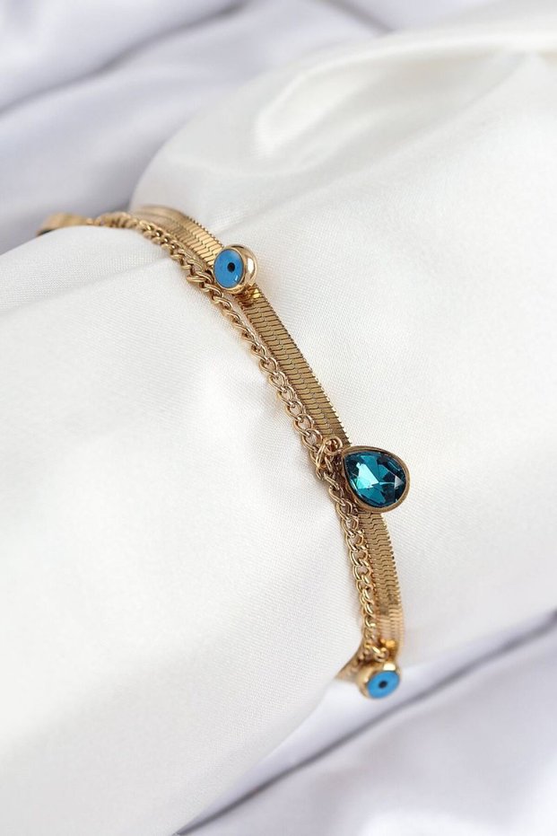 316l steel evil eye bead detailed blue zircon stone model italian chain gold color women's bracelet - tj-bb7828