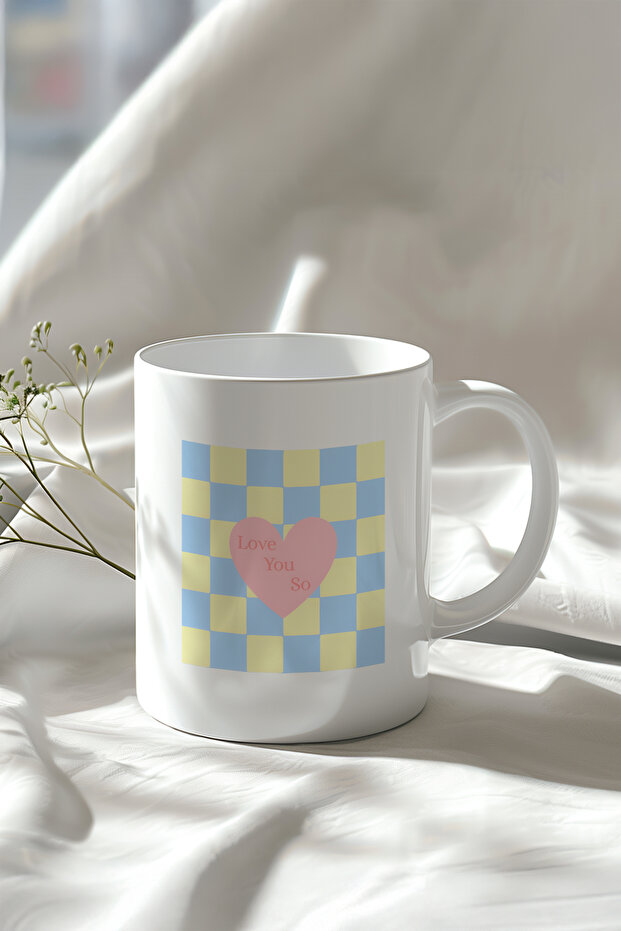330ml Printed White Ceramic Mug Cup with Heart Pattern and Love You so Written