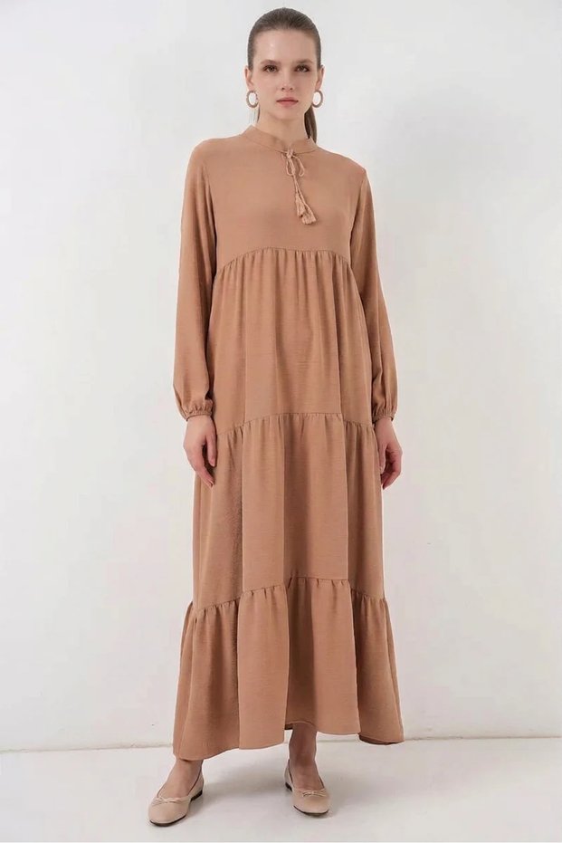 Women's T-Neck Gathered Ruffle Hem Folded Viscose Mink Dress