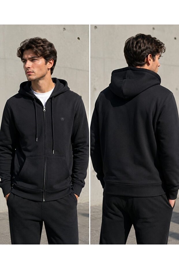 Three-Thread Hooded Sweatshirt with Two Pockets - 1