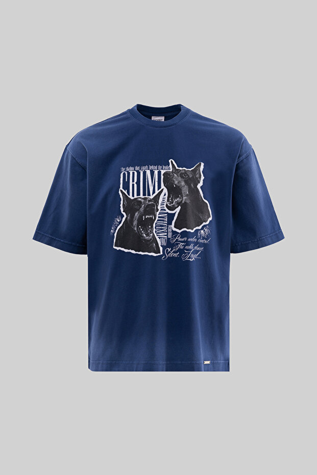Men's Dog Printed Oversize T-Shirt Midnight Blue