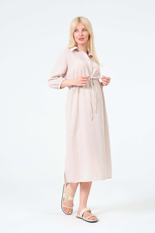 Maternity Elastic Sleeve Shirt Collar Midi Length Linen Dress Cream