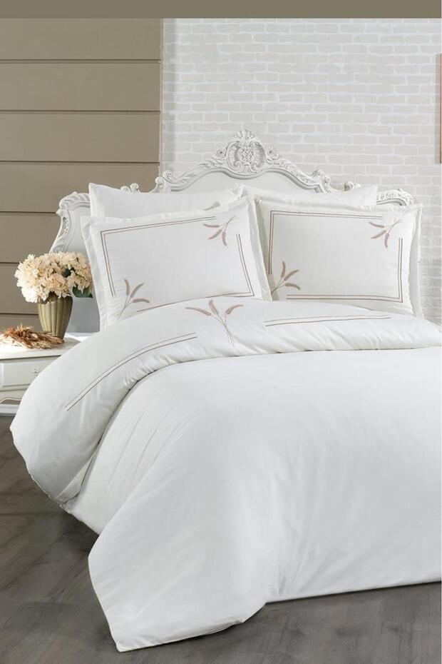 Harvest Cotton Satin Embroidered 6 Piece Duvet Cover Set Cream