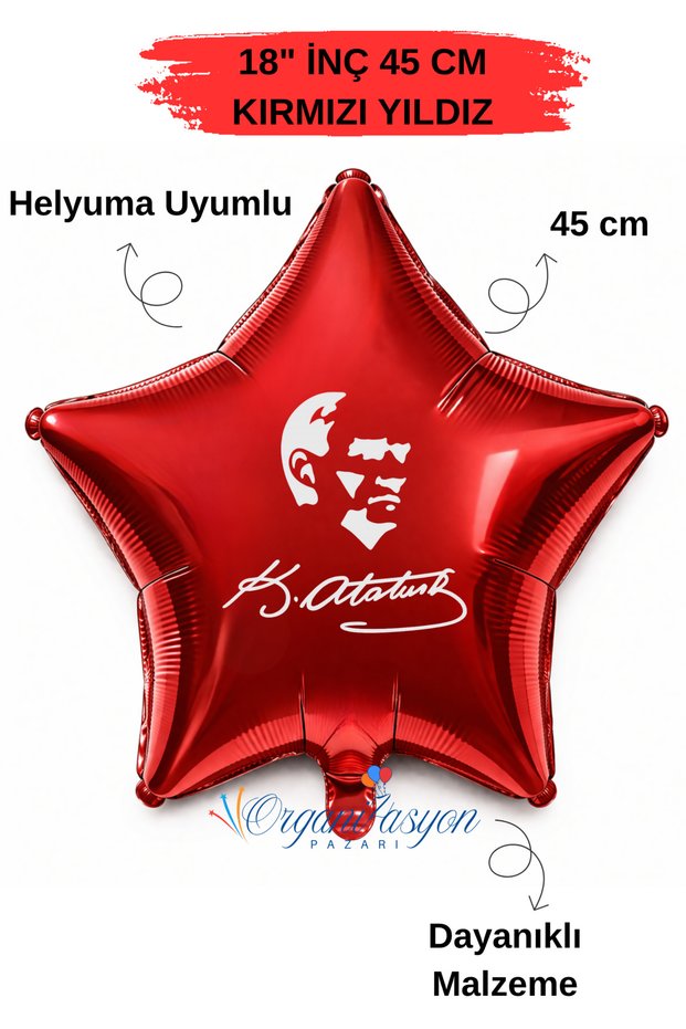 18 Inch Red Star Foil Balloon | Ataturk Printed | Ataturk's Signature | Helium Compatible