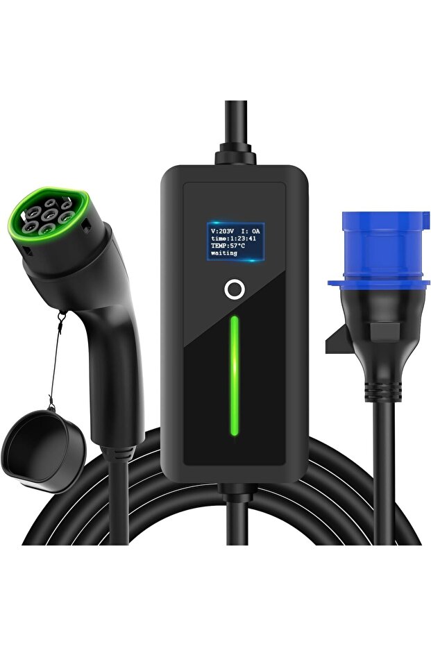Premium EV Charger – Type 2 | 7kW, 32A, 5m | CEE Adapter | Weatherproof | LCD Display | GCC Specs | Fits Tesla, BYD, Audi, Mercedes & More | Fits GCC EVs