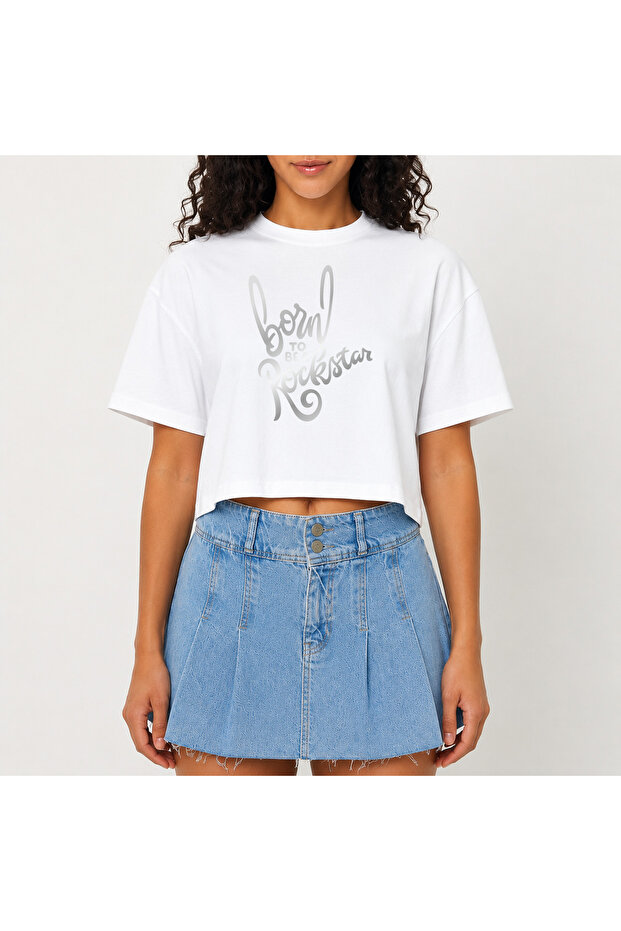 Crop T-Shirt White Printed Relaxed Fit Raw Cut Basic Short Tshirt