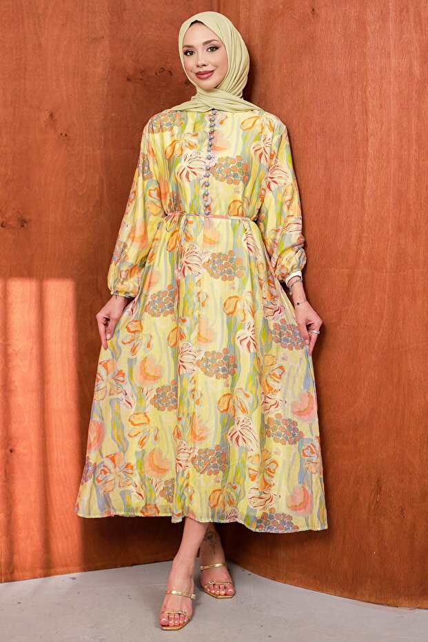 Green Patterned Collared Buttoned Dress