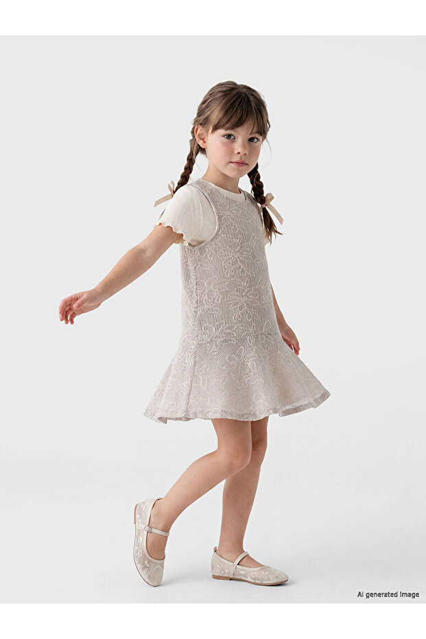 Nevavm Oval Collar Floral Patterned Girl's Dress with Difference