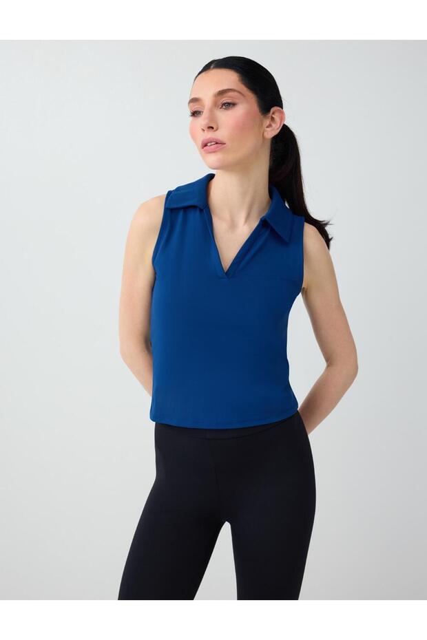 Cobalt Polo Collar Sleeveless Slim Fit Knitted Blouse