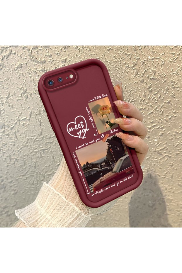 iPhone 7 Plus/8 Plus Compatible Maroon Frame Vintage Photo Collage Motif Flexible Silicone Case