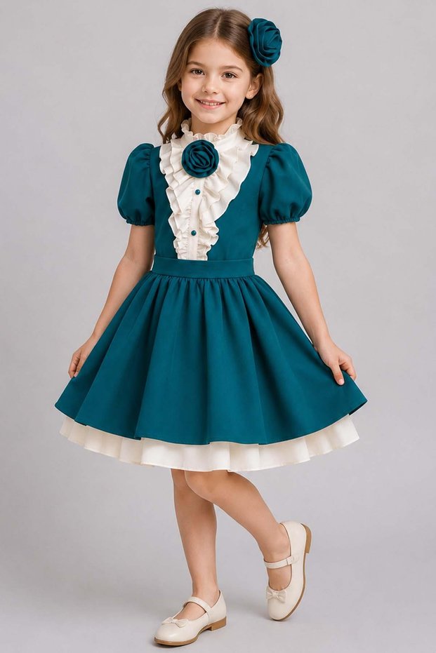 Girl's Ruffled Waist Belt Detailed Pleated Green Dress