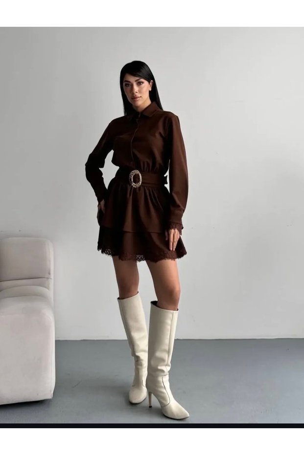 Women's Long-Sleeved Dress with Belt at the Waist and Guipure Hem in Layers