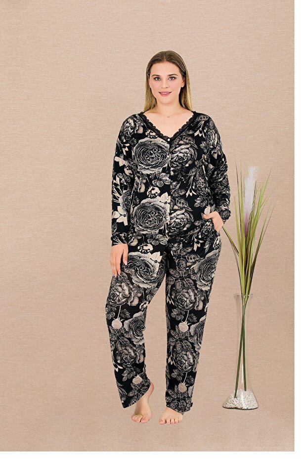 Patterned Long Sleeve Lace Detailed Plus Size Pajama Set