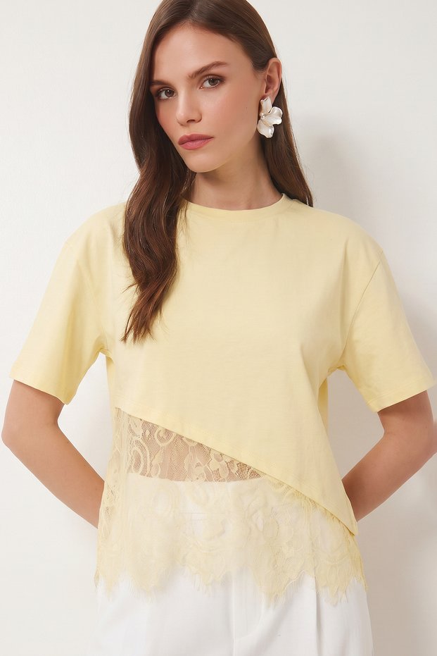Lace Detailed Oversize Knitted T-Shirt Lcr0125 Yellow