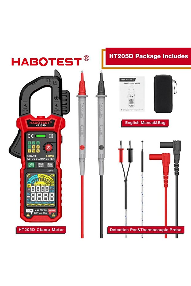 جهاز قياس التيار الكهربائي HT205D من HABOTEST، موديل HT205A/HT205D، مع خاصية القياس التلقائي للنطاق وقياس التيار الفعلي (True RMS) وقياس الجهد المستمر والمتردد وتيار البدء ودرجة الحرارة.