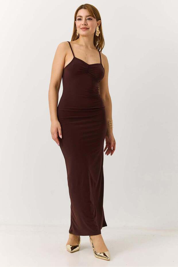 Women's decolte wire smocked strappy sandy fabric dress brown
